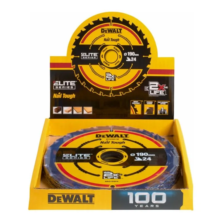 Sierra Circular DeWalt Elite 190/30mm 24 Dientes, Alta Precisión y Rendimiento, Ideal para Cortes en Materiales Diversos, Con Soporte de Exhibición.