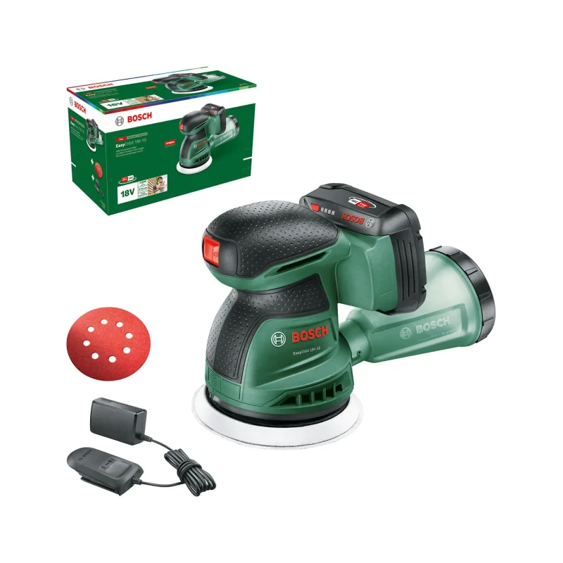 Bosch lijadora excéntrica a batería EasyOrbit 18V-10 (lijado en madera, superficies barnizadas y pintadas de pequeñas a medianas; diámetro: 125 mm; batería y cargador de 2,0 Ah)