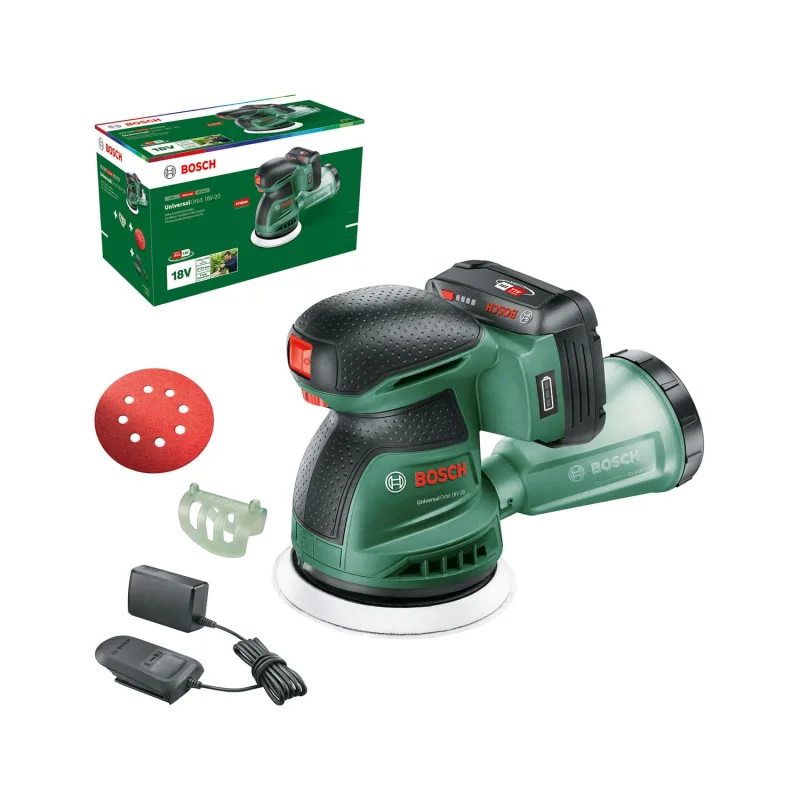 Bosch set de lijadora excéntrica a batería UniversalOrbit 18V-20 (lijado en madera, superficies barnizadas y pintadas de medianas a grandes; diámetro: 125 mm; batería y cargador de 2,0 Ah)