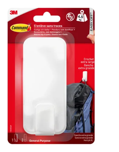 Command Gancho, Blanco, Extragrande XL para Objetos Pesados, 1 Gancho + 2 Tiras Adhesivas, para Interiores y Otros Artículos de Hasta 4,5 kg, sin Clavos, sin Agujeros, sin Taladrar