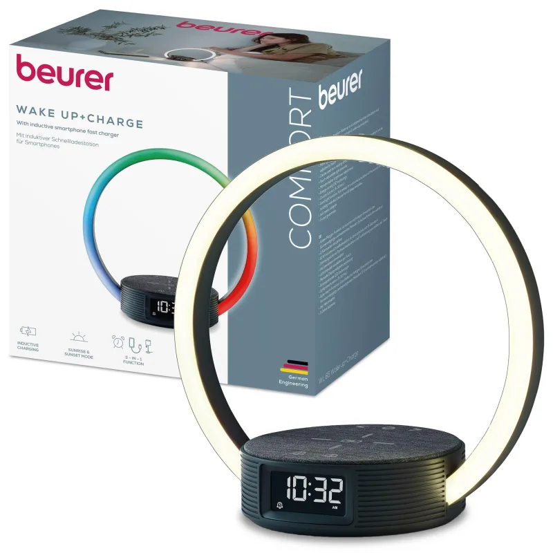 Beurer WL 65 Wake Up+Charge Despertador con luz, lámpara de mesilla con función de carga para smartphones, despertador con simulación del amanecer, luz nocturna regulable con opción de cambio de color