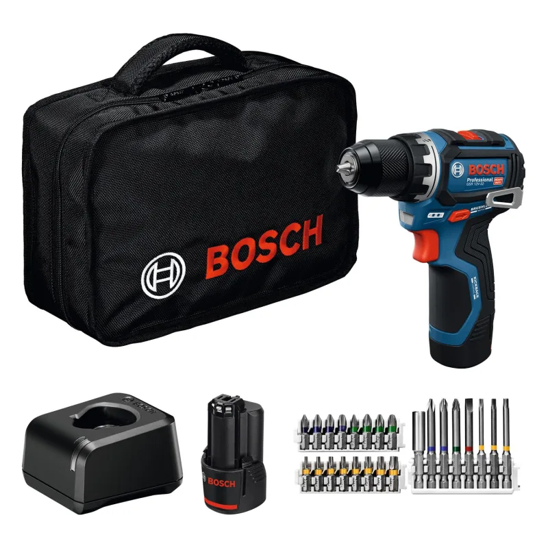 Bosch Professional Taladro atornillador inalámbrico GSR 12V-32 de 12 V (Advanced KickBack Control, motor sin escobillas, incluye batería de 2,0 Ah, GAL12V-20, accesorios, plantilla de pick-and-click