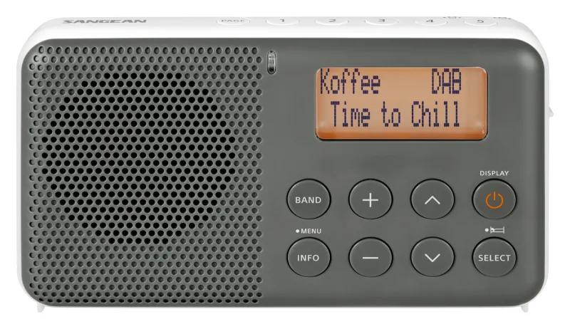 Sangean Pocket Receiver 640 DPR-64, Dab+/ FM, Alarma, Snooze, Pantalla LCD, Auriculares estéreo Conector, Integrado estéreo Amplificador Clase D de Gris, Blanco