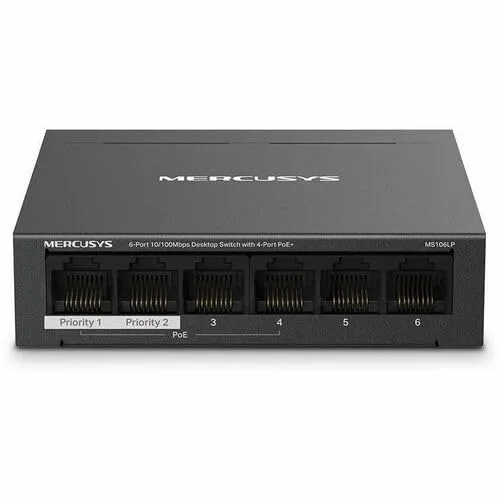 Mercusys MS106LP Conmutador PoE no administrado, 6 Puertos 10/100 Mbps con 4 Puertos PoE+, Plug & Play, presupuesto PoE de 40 W, Carcasa metálica sin Ventilador, recuperación automática PoE, Modo de