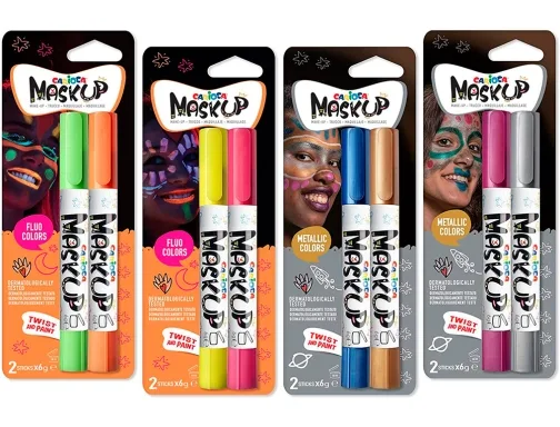 Carioca mask up metallic & neon pack de 12 blisters con 2 lapices cada uno - brillantes y lavables - base agua - se pueden mezclar - colores metalicos y neon