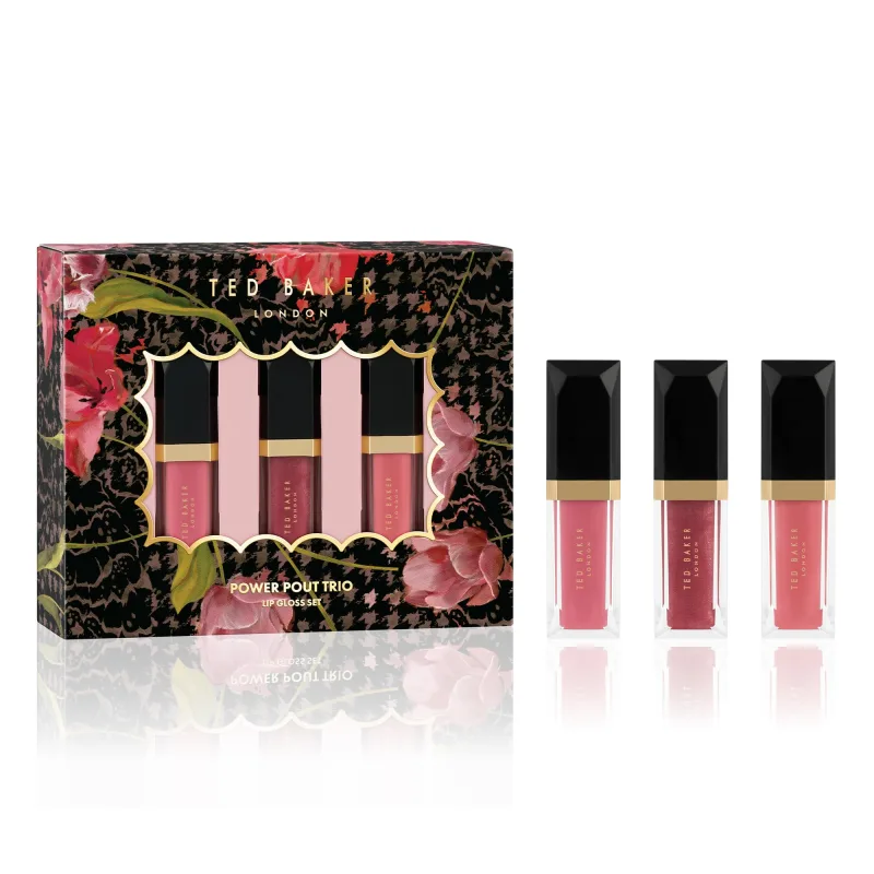 Ted Baker Power Pout Trio, 3 brillos de labios, peonía delicada, rosa transparente y rosa esmaltado, juego de regalo para mujeres, 3 x 4,34 ml
