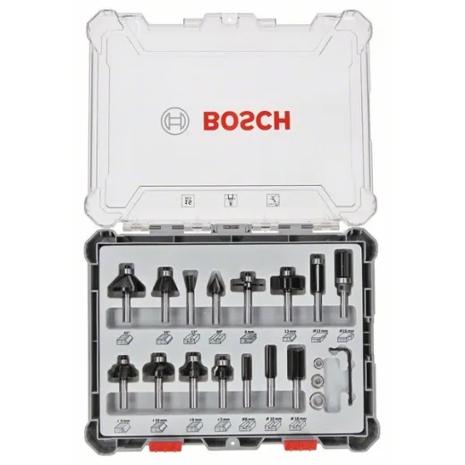 Bosch Professional Set Mixto de Brocas Fresadoras de 15 Piezas (para madera, vástago de Ø 8 mm, Accesorios Fresadoras)
