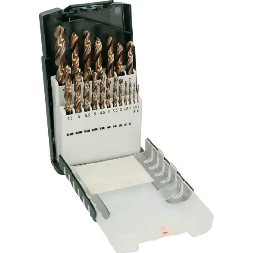 Set de 19 brocas para metal HSS-Co, DIN 3381,0, 1,5, 2,0, 2,5, 3,0, 3,5, 4,0, 4,5, 5,0, 5,5, 6,0, 6,5, 7,0, 7,5, 8,0, 8,5, 9,0, 9,5, 10,0 mm