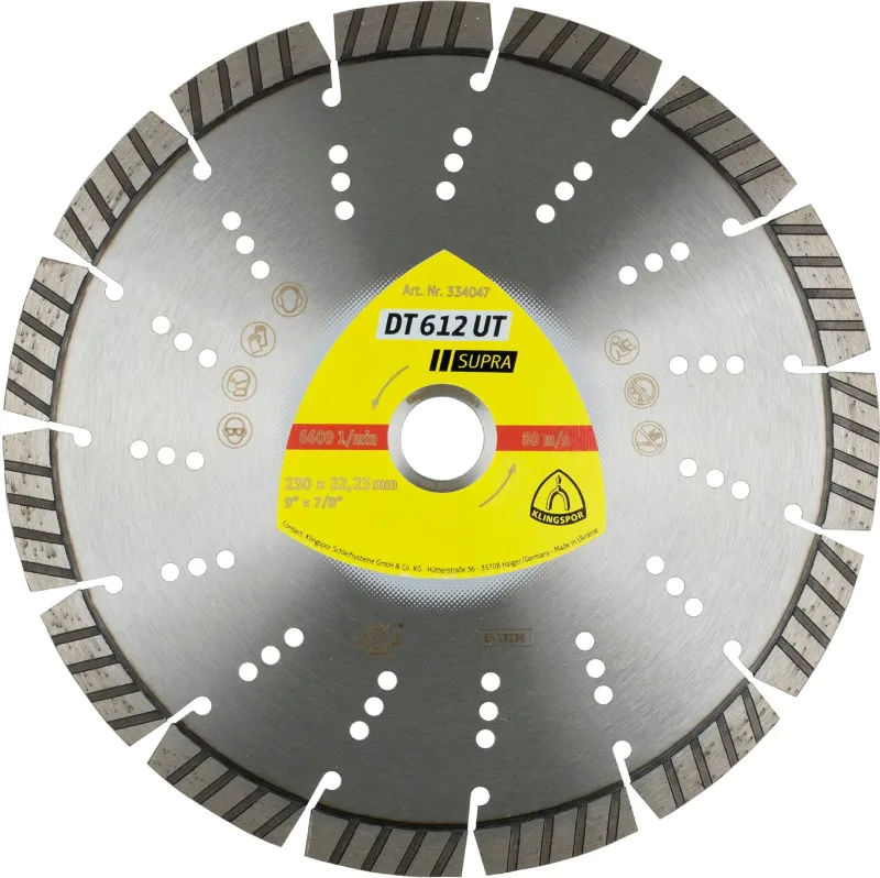 Klingspor 334047 Discos de Corte Diamantados para Amoladoras Angulares, DT 612 UT, 230 x 22.23 mm, 6600 RPM