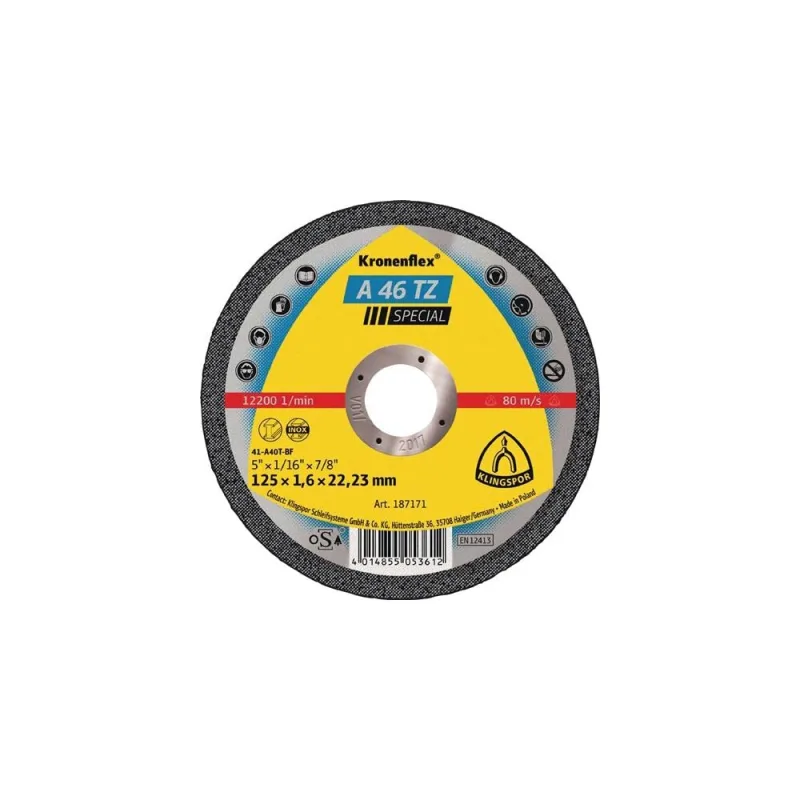 Klingspor 187170 Kronenfle A 46 TZ Disco de Corte Inox para el Corte Manual, 115 mm x 1.6 mm x 22.23 mm