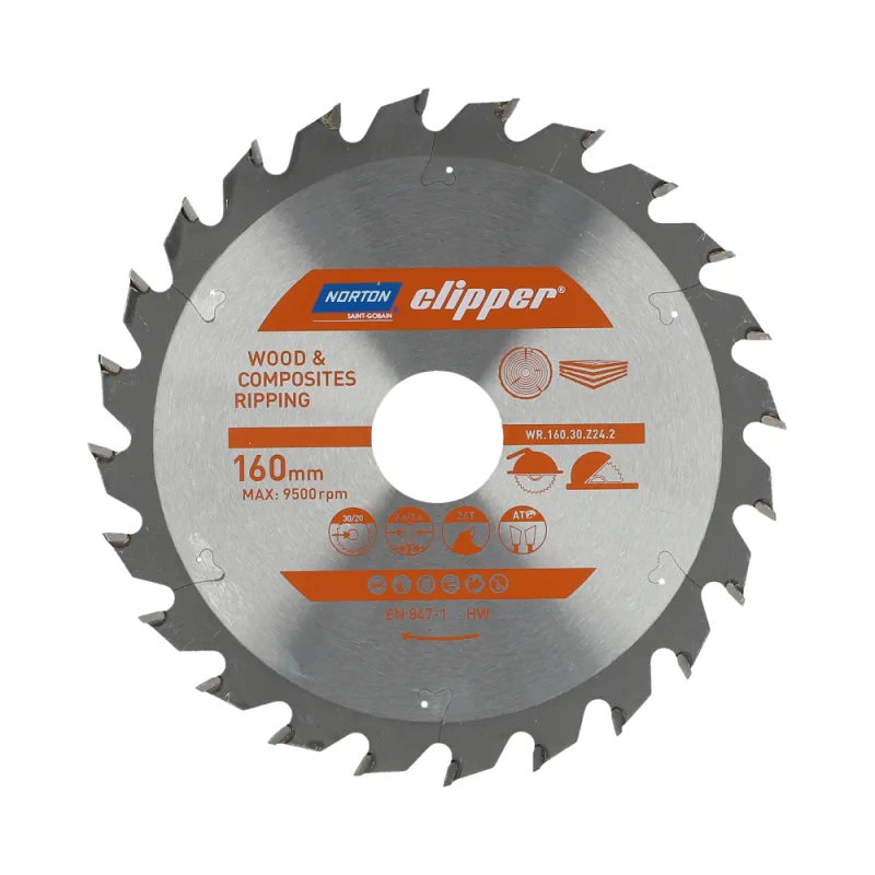 Sierra circular Norton, modelo 160 mm x 20 mm x 24 dientes, para madera y materiales compuestos, geometría ATB, 9500 rpm, corte transversal y liso, alta precisión