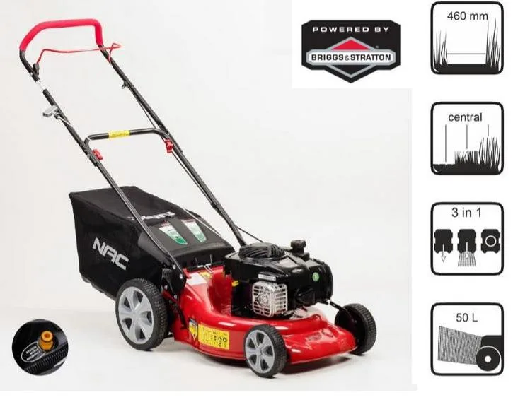 NAC Cortacésped a Gasolina Sin Tracción LP46-450E-H, motor Briggs & Stratton 125cc, arranque fácil, ancho de corte 46 cm, ideal para jardines medianos.