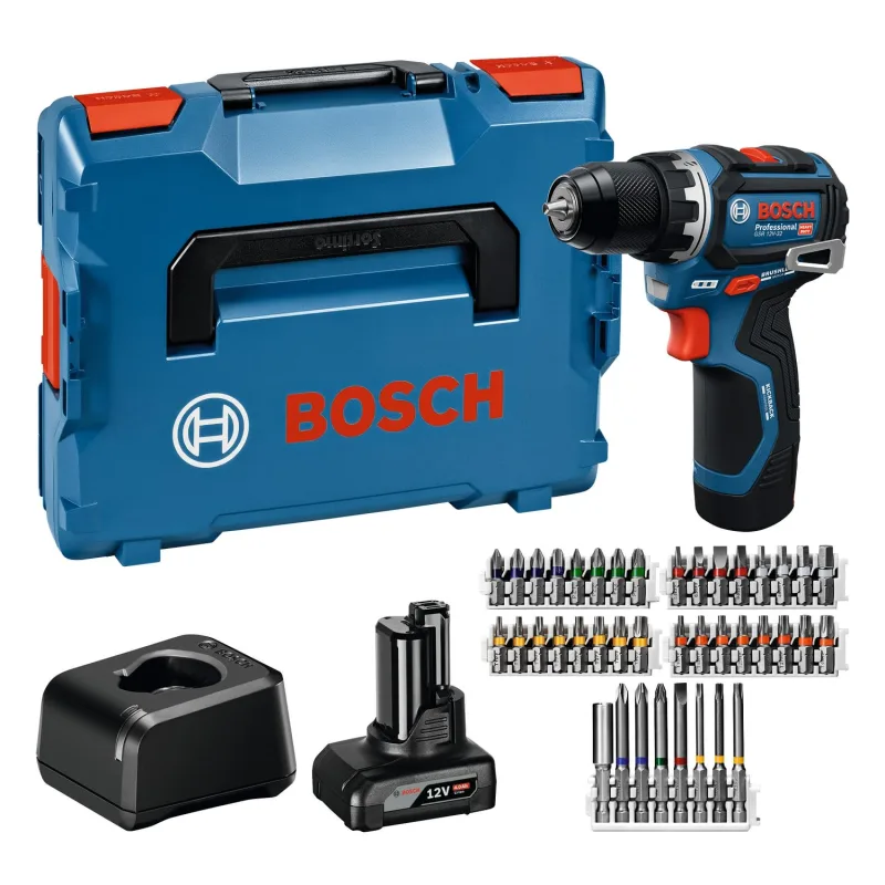 Bosch Professional 12V System Taladro/atornillado GSR 12V-32 (KickBack Control óptimo, motor Brushless sin escobillas, incl. baterías de 2,0 Ah y 4,0 Ah, cargador, accesorios, inserto P&C, L-BOXX)