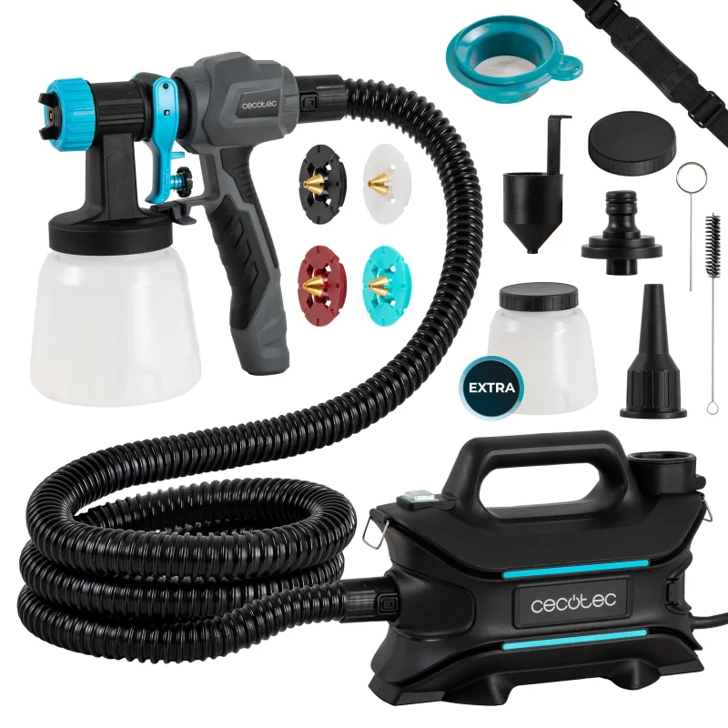 Cecotec Equipo de Pulverización de Pintura PerfectPaint 800 EasyGo con 800W de Potencia, Precisión de 18kPa, Incluye 4 Boquillas, 2 Contenedores de 1200ml, Correa Incluida, Caudal Máximo de 1000ml/min