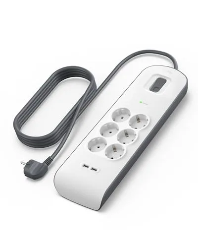 Belkin Regleta de enchufes con 6 tomas y 2 puertos USB-A (2,4 A) con protección contra sobretensiones, 650 julios, ladrón, cable de 2 metros, base múltiple con protección eléctrica, hogar y oficina