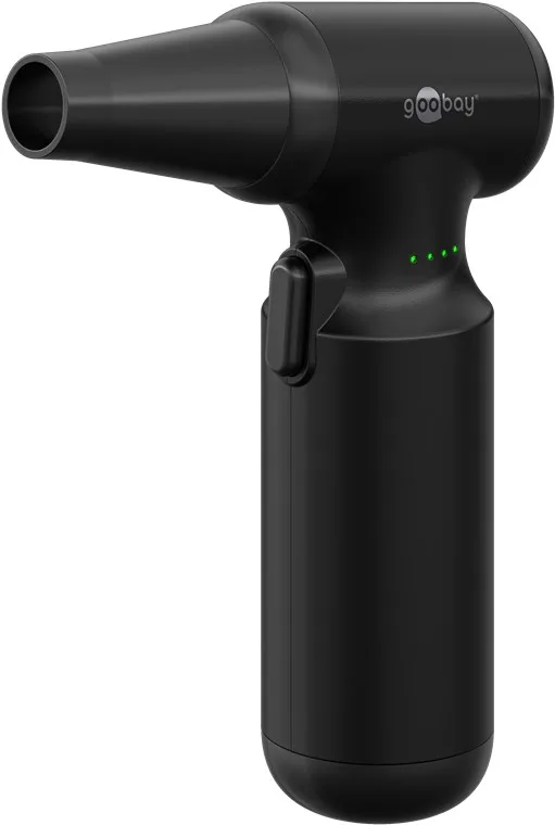 goobay Soplador de aire eléctrico, negro, inalámbrico, 100 W, 110.000 rpm, 3 niveles de potencia, con 8 boquillas, 3 cepillos y batería recargable USB-C, 77830