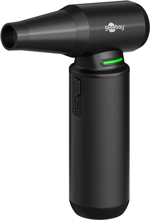 goobay Soplador de Aire eléctrico Superior, Negro, 180 W, 130.000 RPM, 3 Niveles + Modo Ajustable, con 8 boquillas, 3 cepillos, LED Integrado y batería Recargable USB-C, 77831