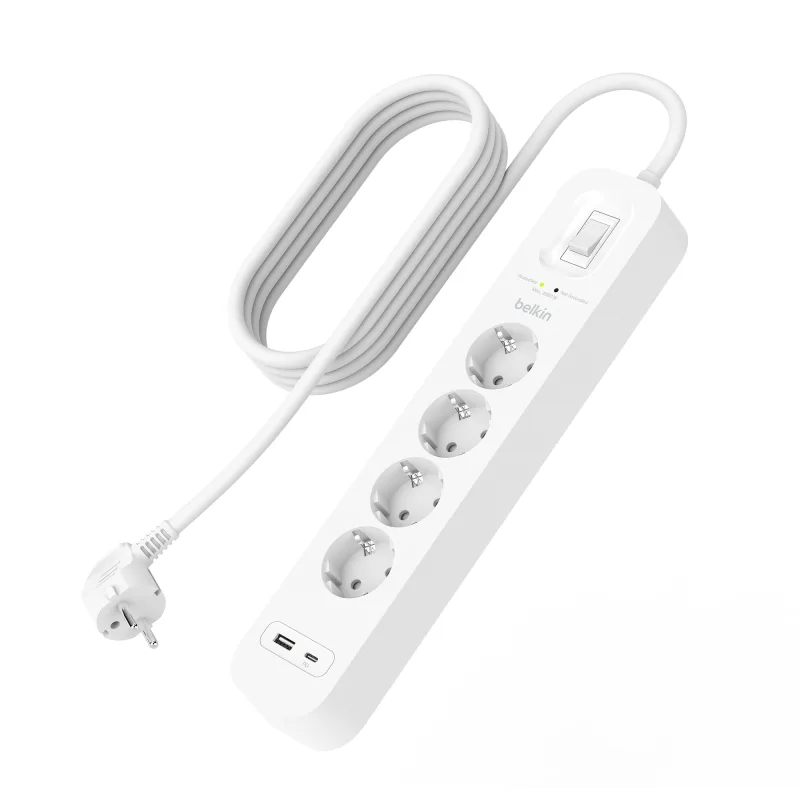 Belkin Regleta Enchufe USB con protección contra sobretensiones de 4 enchufes, Montaje en Pared, Cable de 2 m, luz de Estado, 1 Puerto USB-C PD de Carga rápida, 1 Puerto USB-A y Defensa de 525 Julios