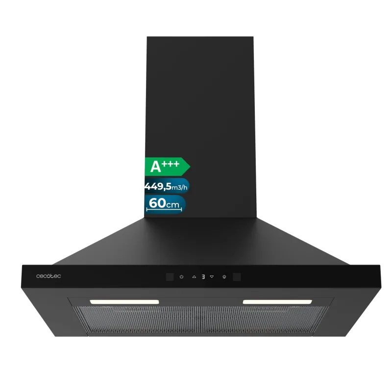 Cecotec Campana Extractora Piramidal 60 cm Bolero Flux PT 604400 Black A+++. Cristal Frontal en Negro, Succión 449,5 m³/h, Control Táctil Invisible, Función Booster, Filtros Lavables, Clase A+++