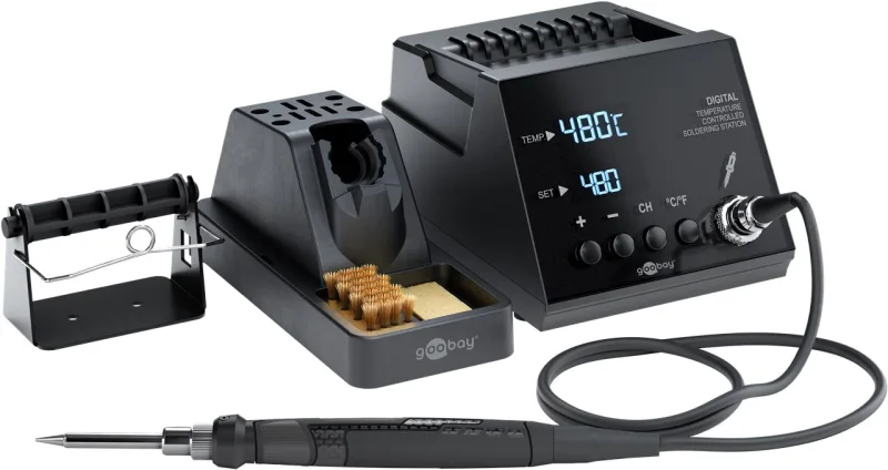 goobay Estación de soldadura digital 70W, 160-480°C, calienta en 8 segundos, pantalla LED, función de memoria, escalones de 1°C, para electrónica, modelismo y pirografía, incl. soldador y accesorios