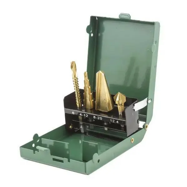 Juego de brocas de banco, escalonadas HSS 4 piezas en estuche metálico