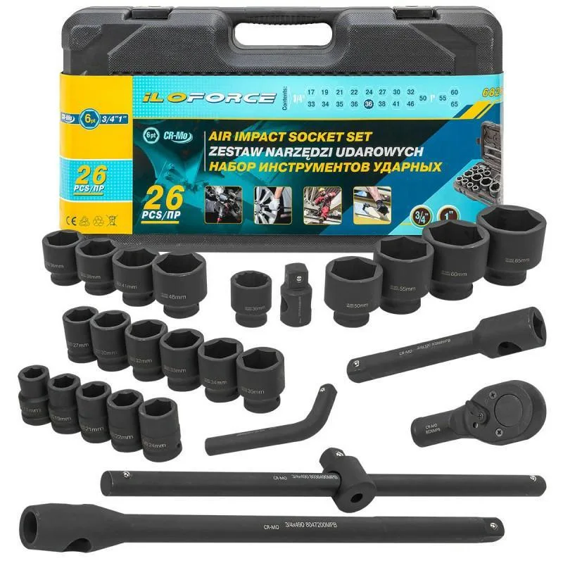 Juego de herramientas de impacto 26 piezas 3/4" (17-50mm) y 1" (55-65mm) (12 puntas hexagonales)