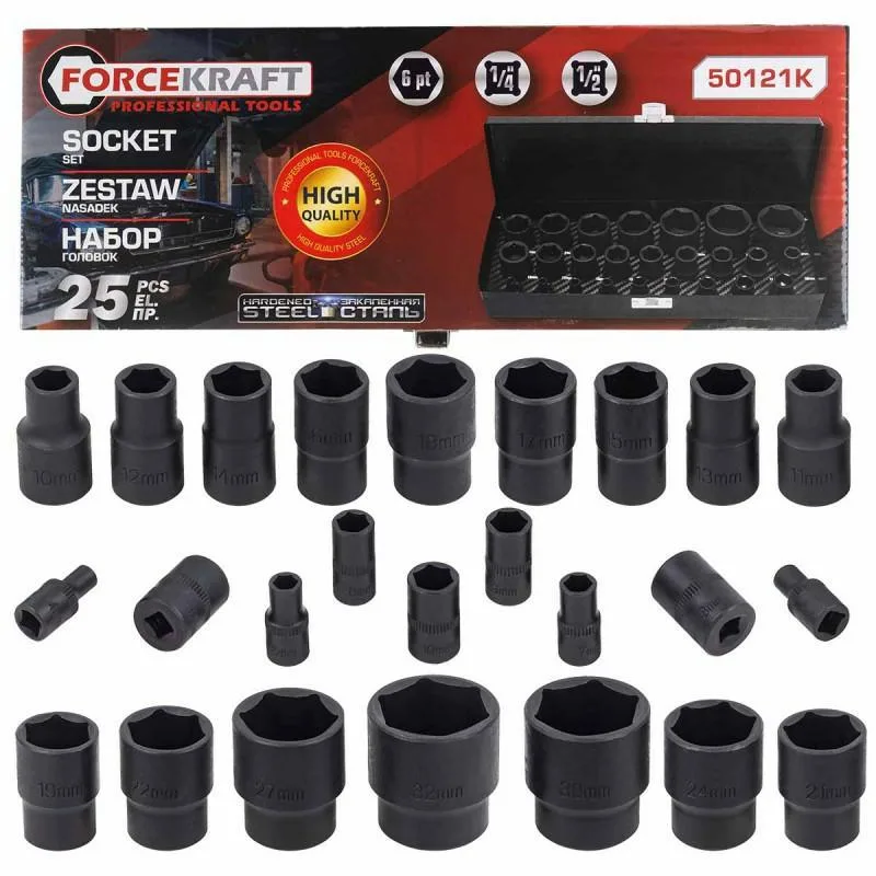 Zestaw nasadek 1/2" i 1/4" 25el. (4-32mm) (6-kątnych)