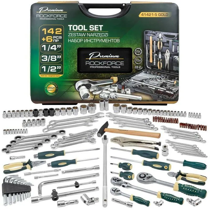 Juego de herramientas 142+6el. 1/4", 3/8" y 1/2" (hexagonales y dodecagonales) (4-36mm)