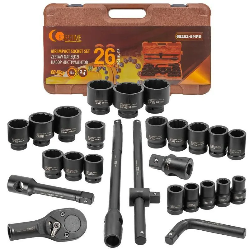 Juego de herramientas de impacto 26 piezas 3/4" (17-50mm) y 1" (55-65mm) (12 puntas)