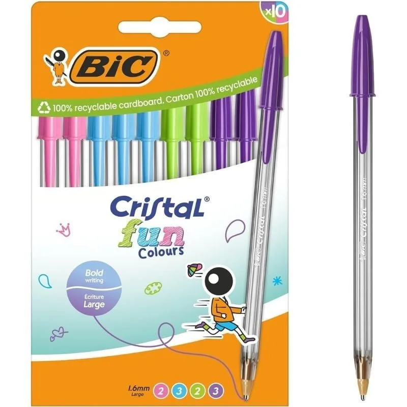 BIC Cristal Fun bolígrafos Punta Ancha (1,6 mm) - colores Surtidos, Blíster de 10 unidades