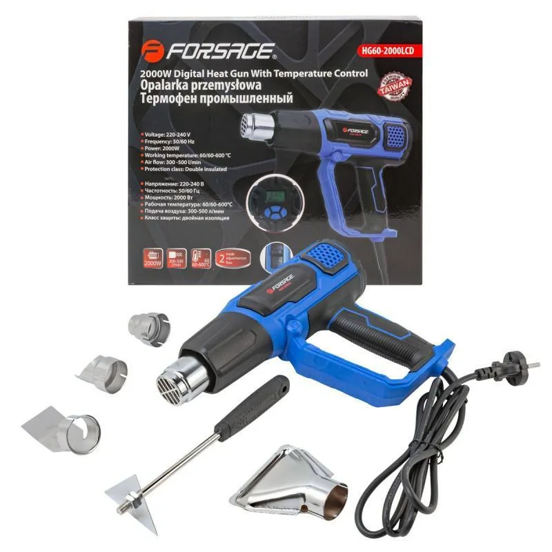 Soplador de aire caliente con boquillas (230v, 50/60hz, 2000w, 60-600 grados, 300-500l/min)