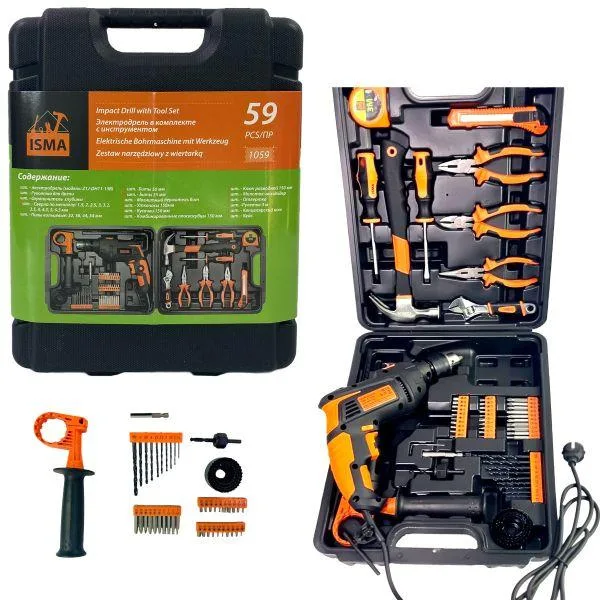Juego de herramientas 59 piezas (taladro percutor 750w, brocas, puntas, alicates, destornilladores, martillo) en maletín
