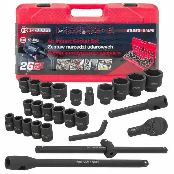 Juego de herramientas de impacto 26 piezas 3/4" (17-50mm) y 1" (55-65mm) (hexagonales)