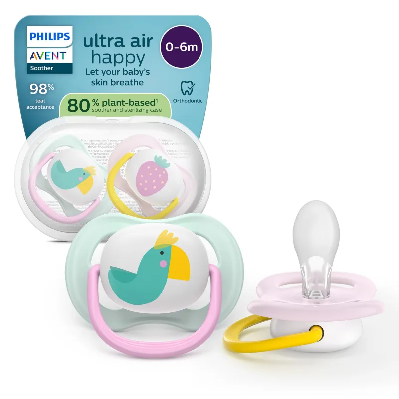 Philips Avent chupetes ultra air: diseño anatómico, para bebés de 0 a 6 meses, tetina simétrica de silicona suave, sin BPA, con estuche esterilizador, paquete de 2, SCF080/24