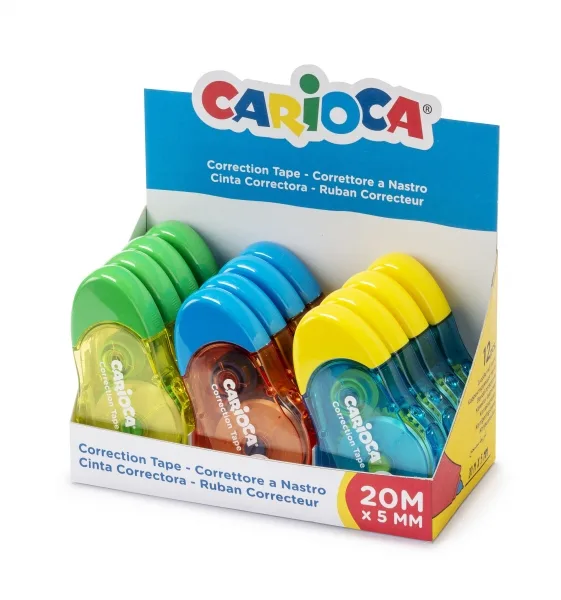 Carioca tape expositor de 12 correctores de cinta - 20mx5mm - cubriente - se puede volver a escribir enseguida - ideal para cualquier tipo de papel - color varios