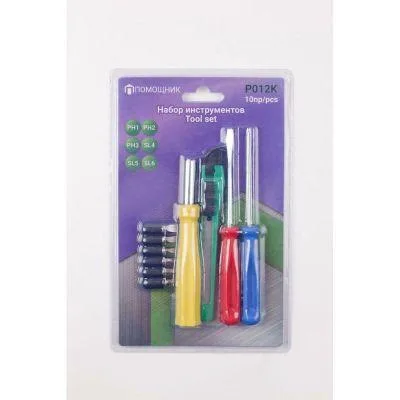 Juego de herramientas 10 piezas: puntas ph1,2,3, sl 4,5,6mm, portapuntas 120mm, destornilladores: ph1x75mm, sl 4x72mm, cuchillo de ruptura