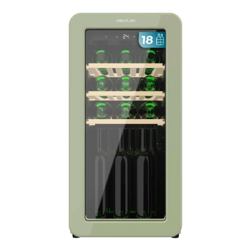 Vinoteca de diseño retro color verde, capacidad para 18 botellas, control electrónico de temperatura mediante display led, rango ajustable de 5 a 20ºc, compresor integrado, tecnología nofrost.