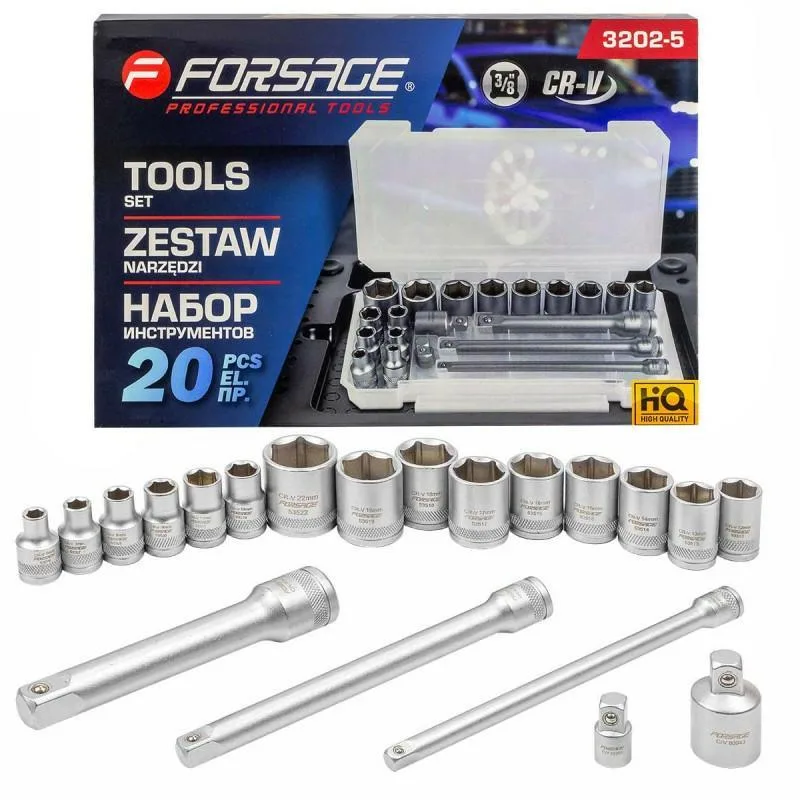 Juego de herramientas 3/8" 20 piezas con accesorios (6-22mm), adaptadores y extensiones