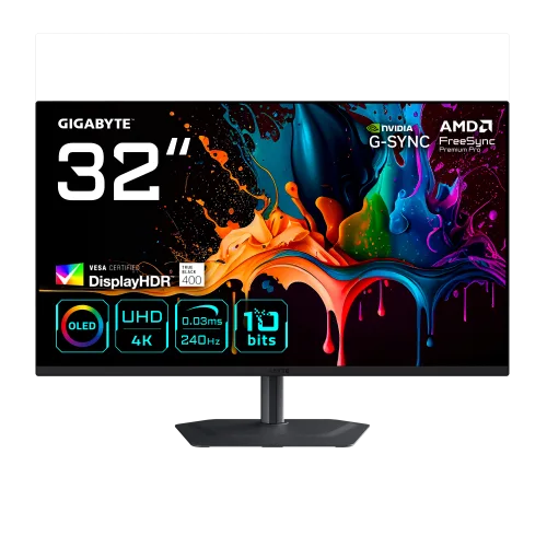 GIGABYTE MO32U2 Monitor Gaming OLED 32” 4K UHD - 3840 x 2160, 240Hz, 0.03ms, 250 cd/m², G-Sync Compatible, FreeSync Premium Pro, Display HDR True Black 400, HDMI 2.1, DisplayPort 1.4