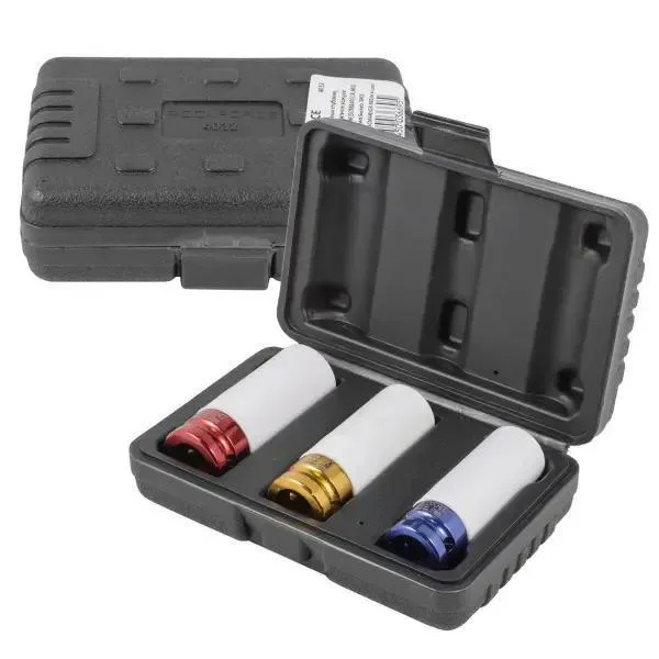 ROCKFORCE Juego de cabezales de impacto de pared fina profunda, 3 piezas, 1/2", 17, 19, 21 mm, Cr-Mo con funda protectora de 78 mm de largo, para cambio de rueda de aleación, llave de impacto en