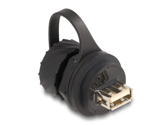 DeLOCK Conector de cable USB 2.0 Tipo-B hembra a USB 2.0 Tipo-A hembra para instalación con bayoneta tapa protectora IP68 resistente al polvo y al agua negro