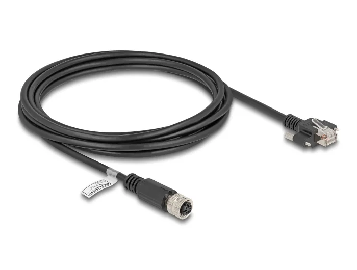 DeLOCK M12 Cable D codificado 4 pines hembra a RJ45 macho con tornillos Cat.5e FTP 3 m negro