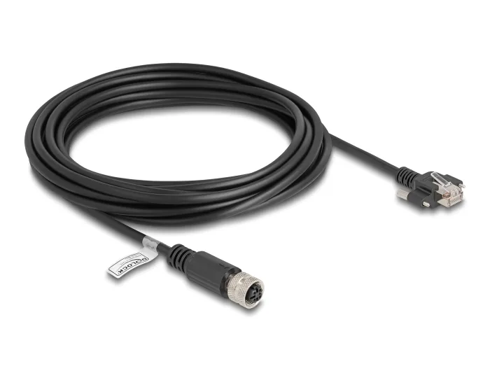 DeLOCK M12 Cable D codificado 4 pines hembra a RJ45 macho con tornillos Cat.5e FTP 5 m negro