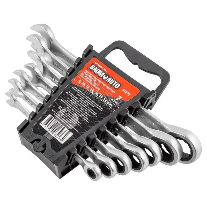 Juego de llaves de boca y estriado con carraca 7 piezas (8-19mm) en clip