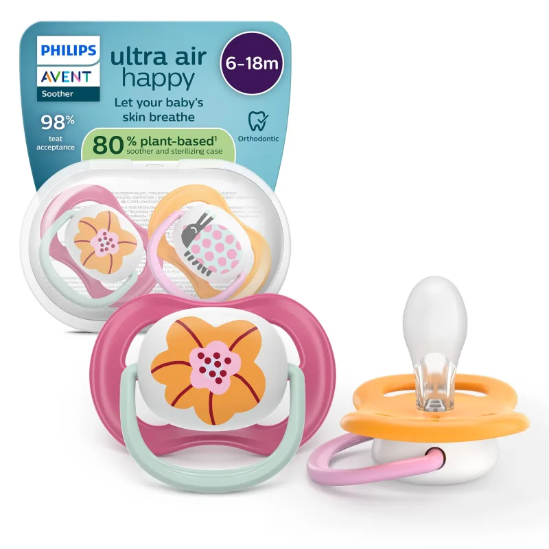 Philips Avent chupetes ultra air: diseño anatómico, para bebés de 6 a 18 meses, tetina simétrica de silicona suave, sin BPA, con estuche esterilizador, paquete de 2, SCF080/27
