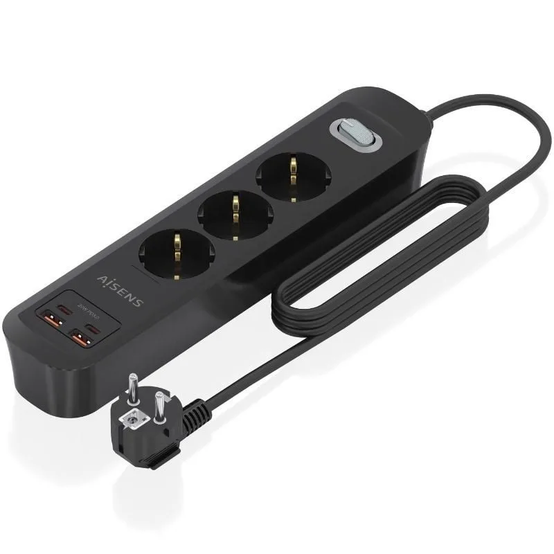Regleta con interruptor aisens asps-2a2c11-bk/ 3 tomas de corriente/ 2 usb - 2 usb tipo-c/ cable 1.4m/ negro