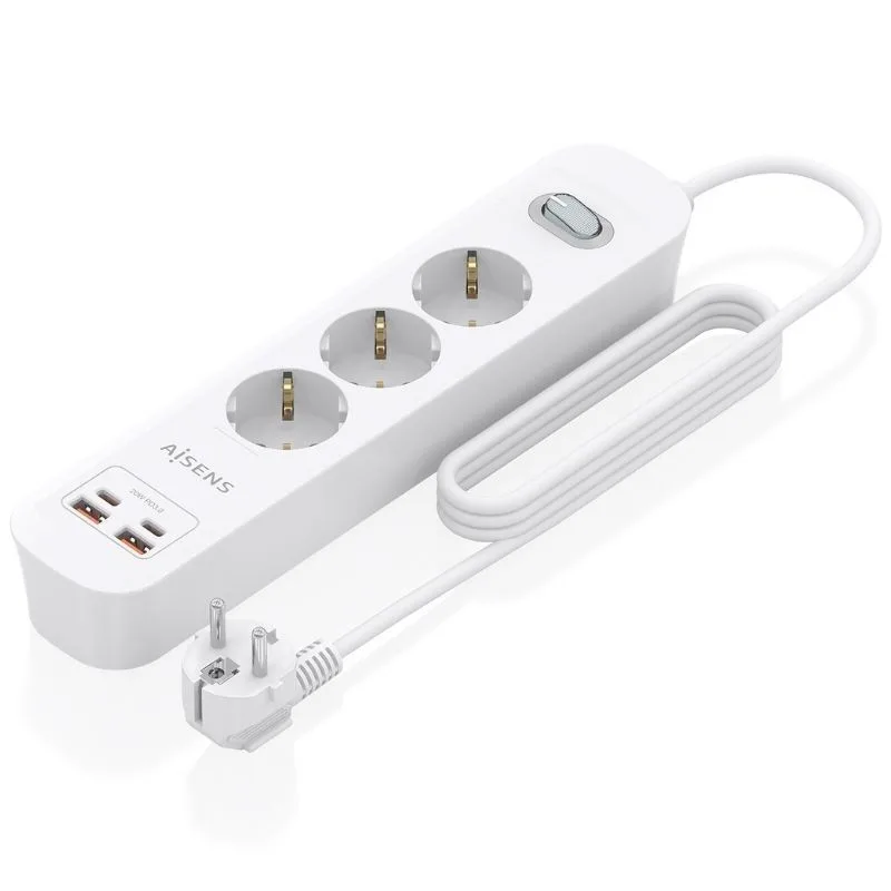 Regleta con interruptor aisens asps-2a2c10-w/ 3 tomas de corriente/ 2 usb - 2 usb tipo-c/ cable 1.4m/ blanco