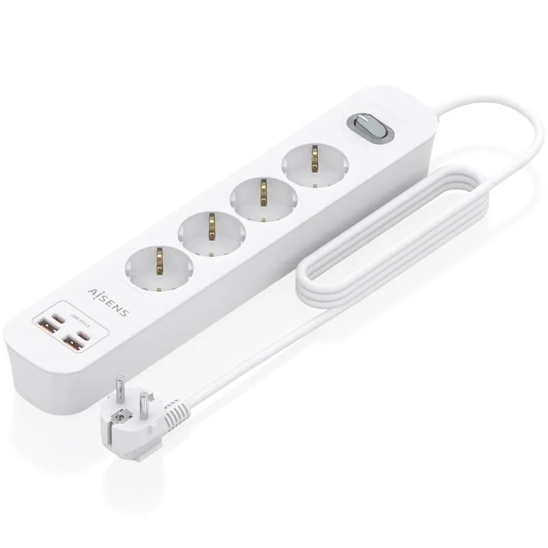 Regleta con interruptor aisens asps-2a2c12-w/ 4 tomas de corriente/ 2 usb - 2 usb tipo-c/ cable 1.4m/ blanco
