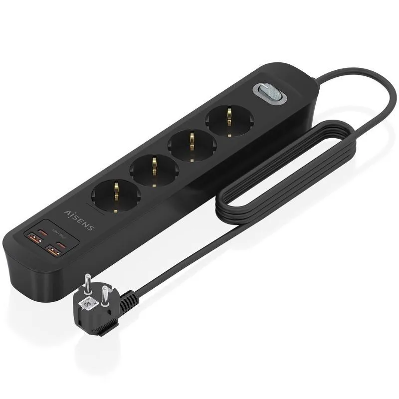 Regleta con interruptor aisens asps-2a2c13-bk/ 4 tomas de corriente/ 2 usb - 2 usb tipo-c/ cable 1.4m/ negro