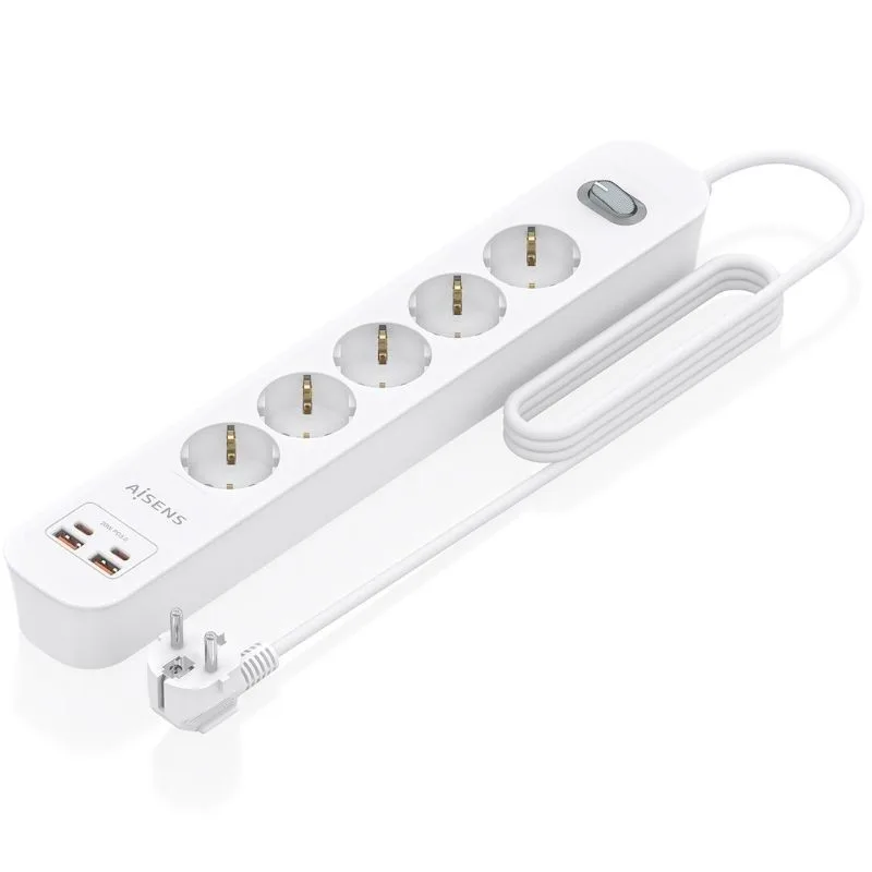 Regleta con interruptor aisens asps-2a2c14-w/ 5 tomas de corriente/ 2 usb - 2 usb tipo-c/ cable 1.4m/ blanco